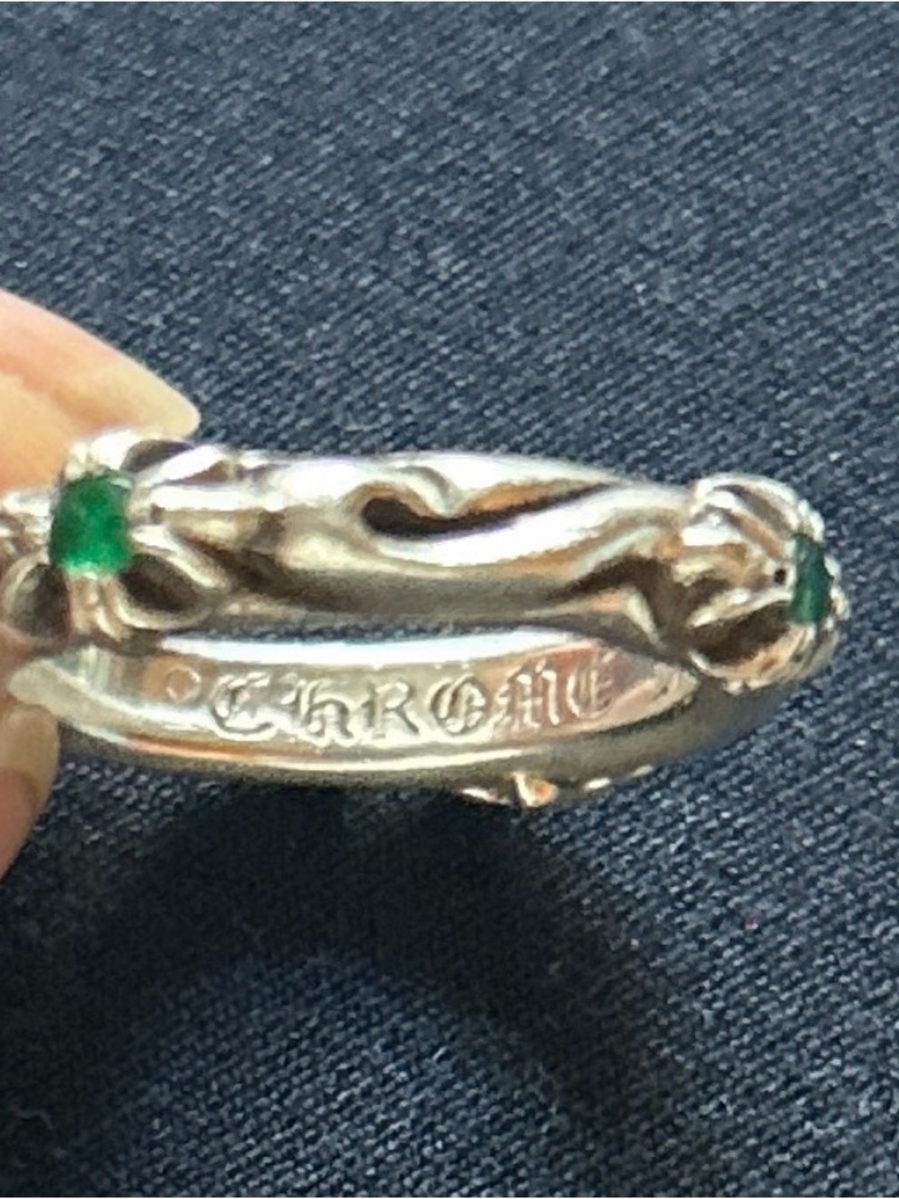 Chrome Hearts Sterling Silver Ring with Green Accents